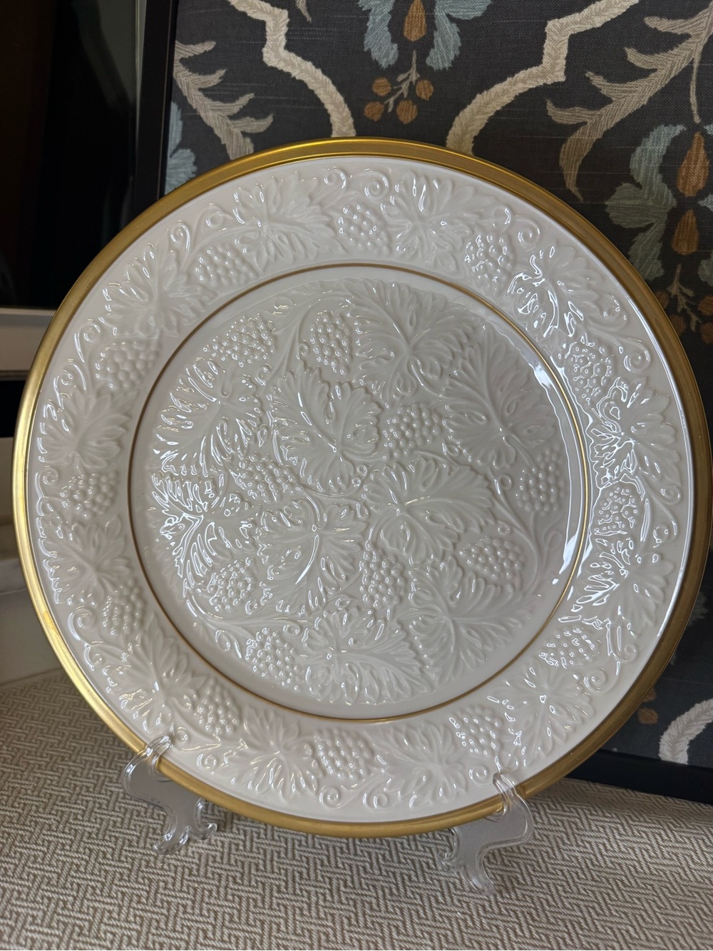 Lenox White Embossed Grape Charger with Gold Trim